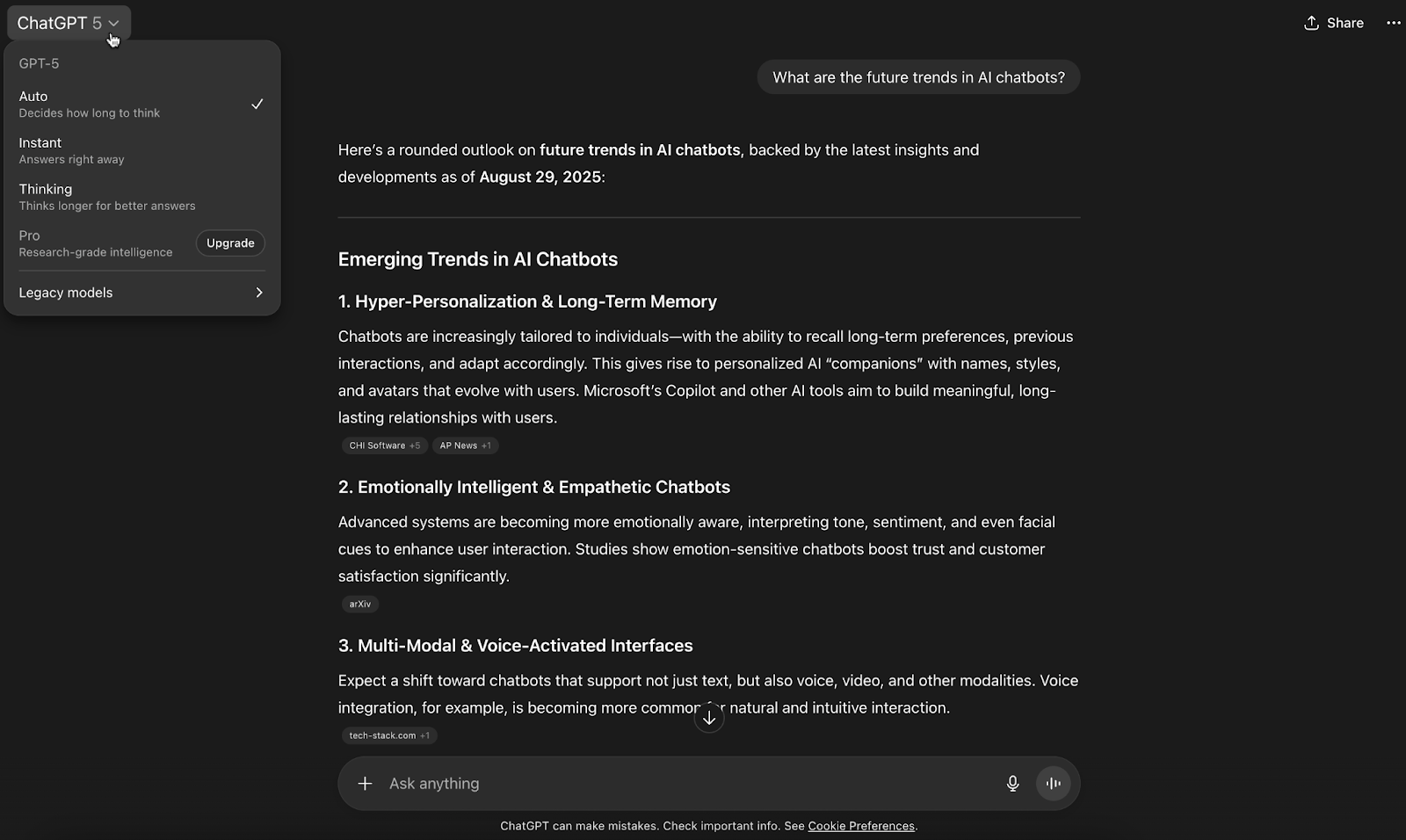 Screenshot of the ChatGPT-5 user interface, showing a query about future trends in AI chatbots along with results