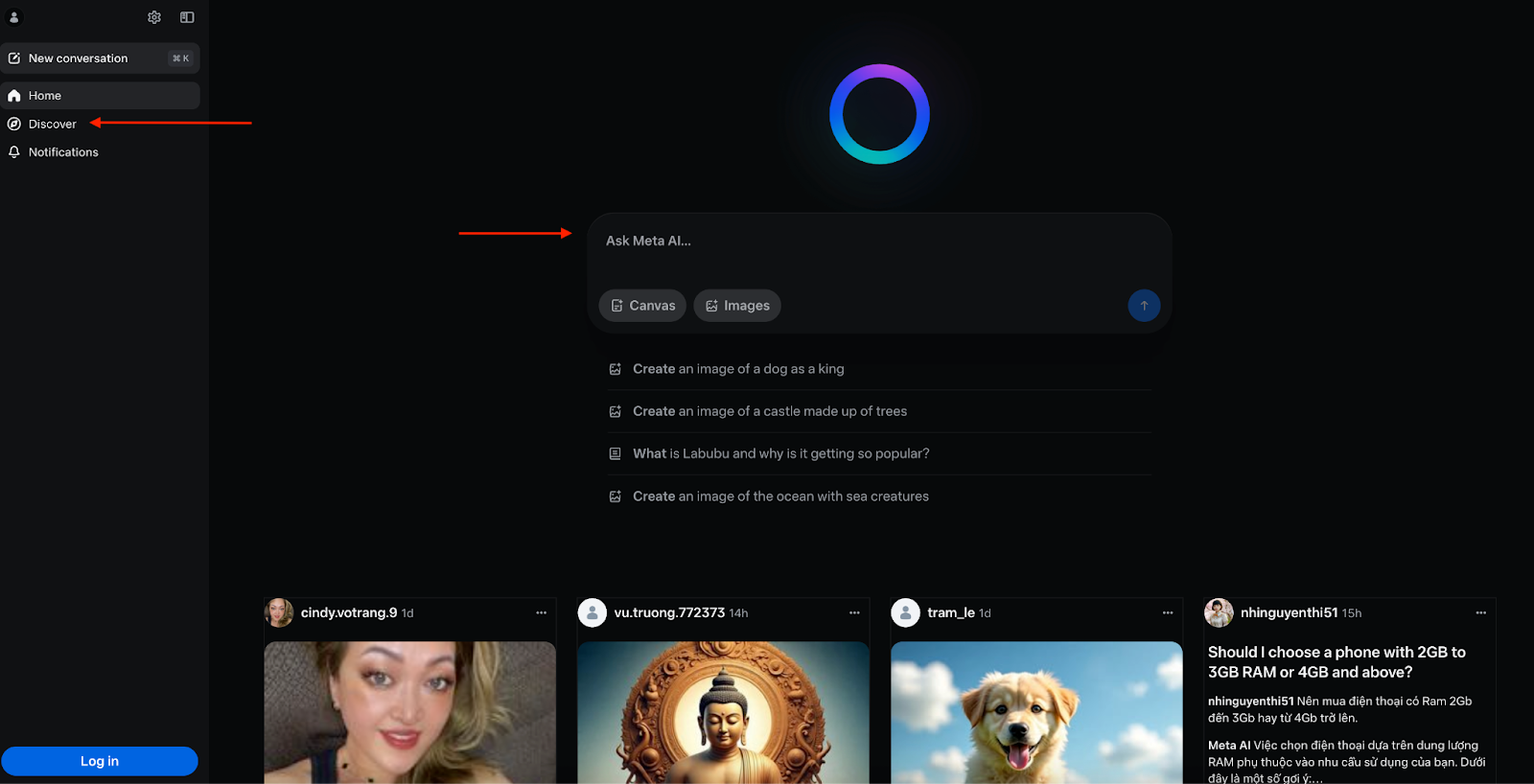 Screenshot of the Meta AI interface with sample prompts and other users' creations