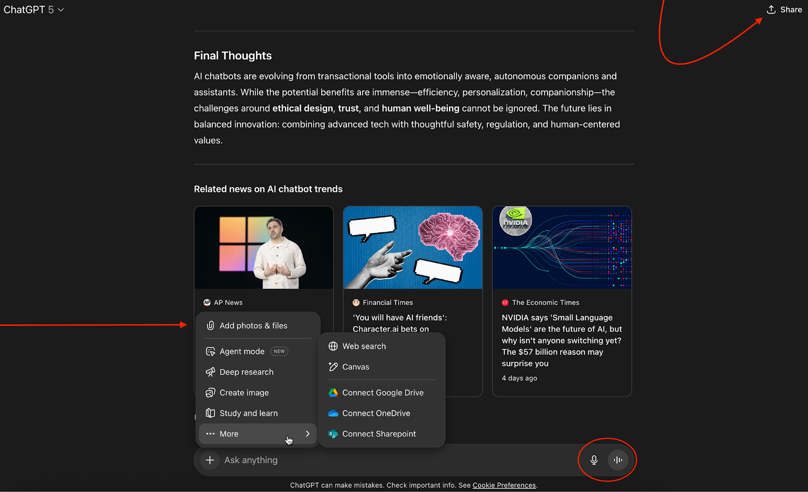 Screenshot of the ChatGPT interface, highlighting how to share your results, add photos and other files, and use dictation
