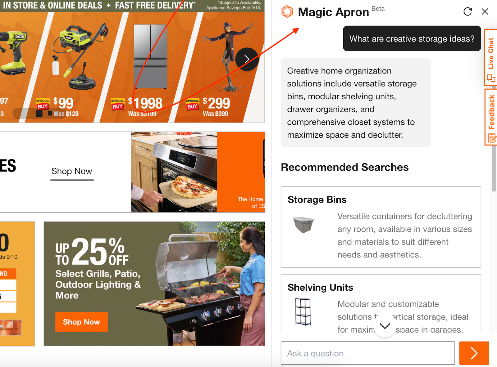 Screenshot of the Home Depot website, highlighting its Magic Apron chatbot tool at work with a conversation about creative storage ideas