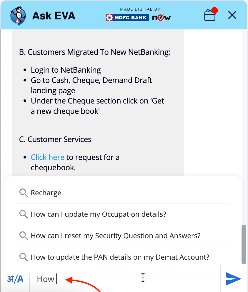 Screenshot of the EVA chatbot interface, featuring commonly used links and a search bar with microphone icon for typed or dictated queries