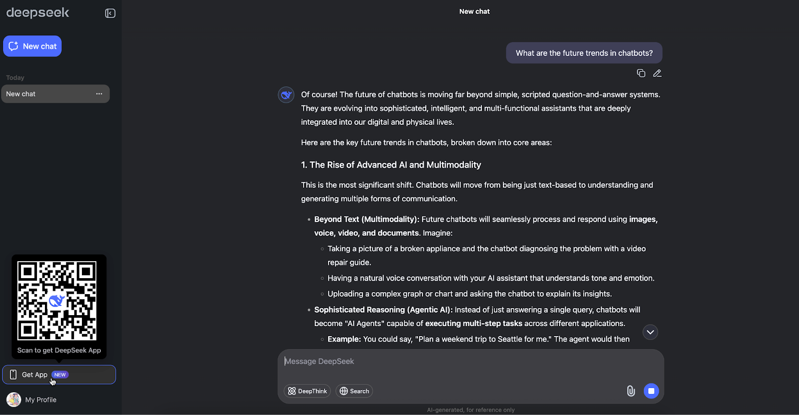 Screenshot of the DeepSeek chatbot interface, showing a response to the query, "What are the future trends in chatbots?"