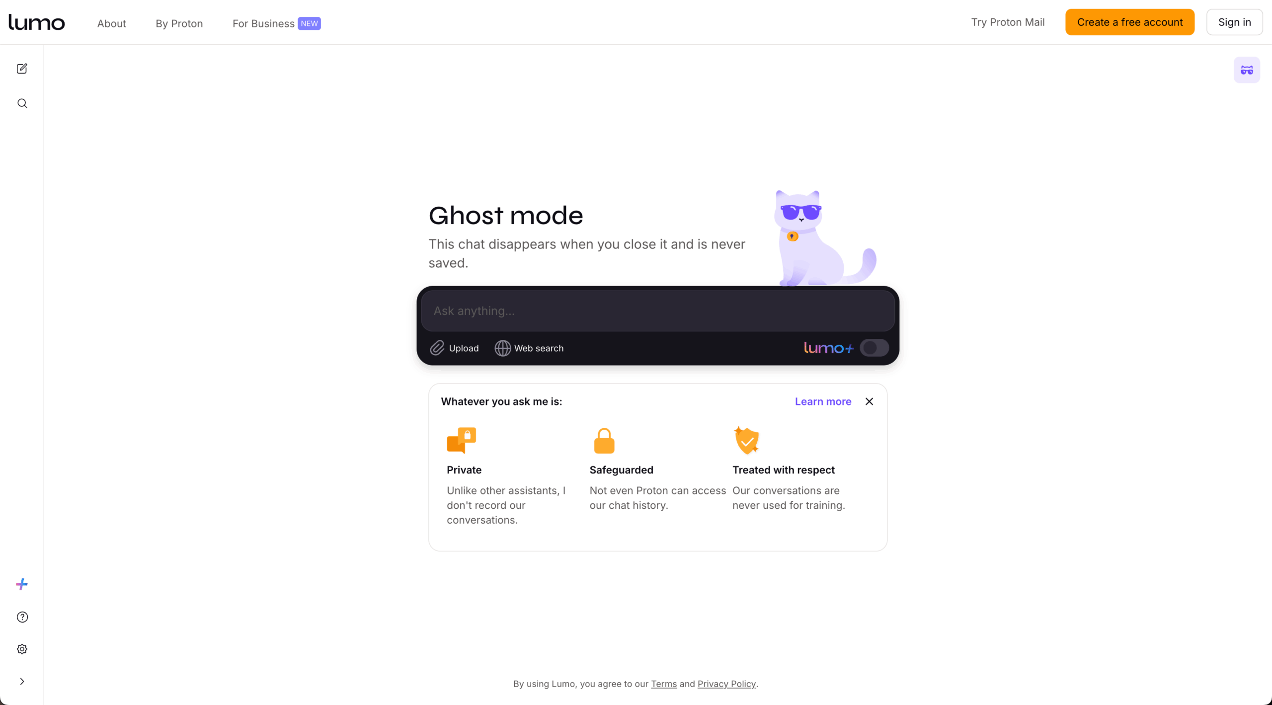 Screenshot of the Lumo chatbot interface, showing ghost mode