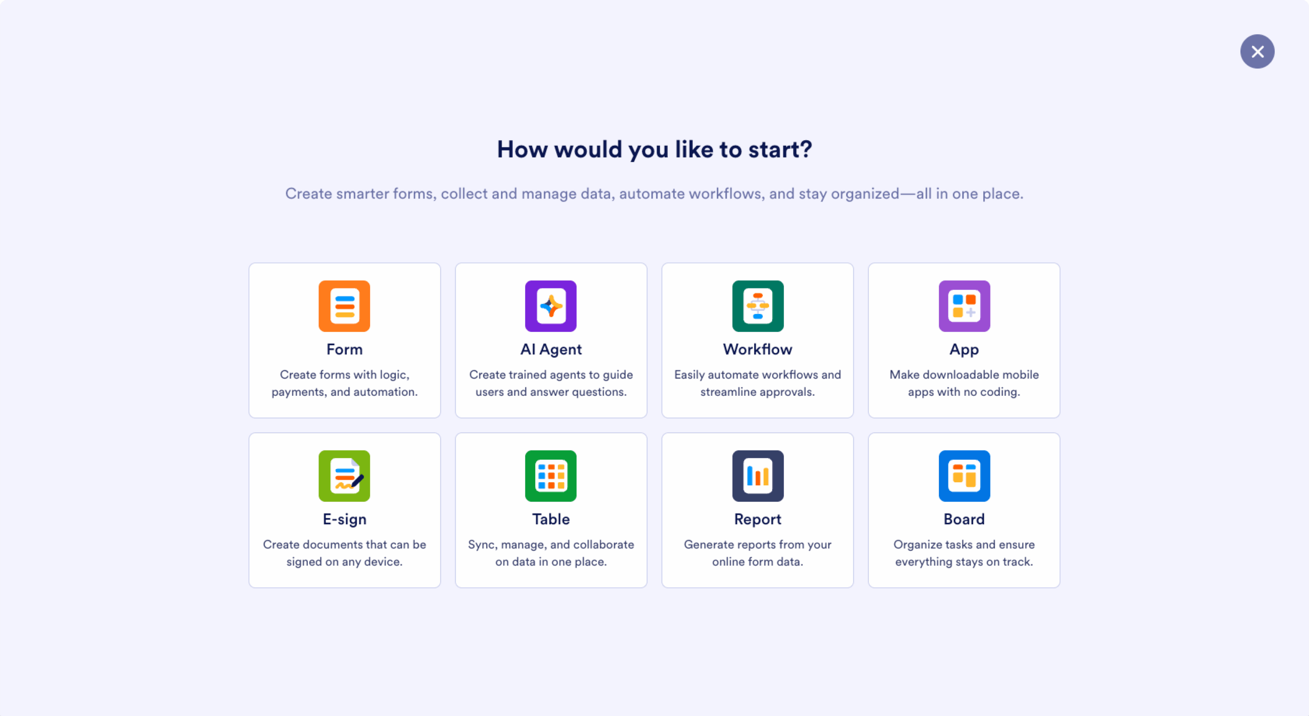Jotform Workspace Asset Creation Asset Type Menu