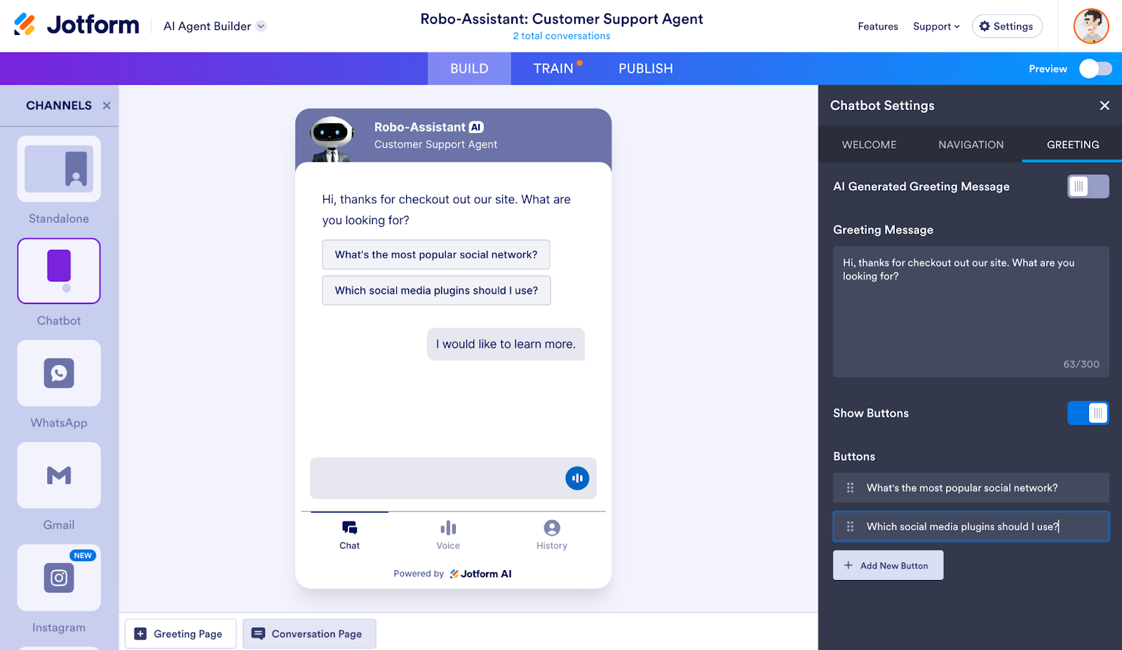 Jotform AI Agents interface showing the chatbot settings for a customer support agent