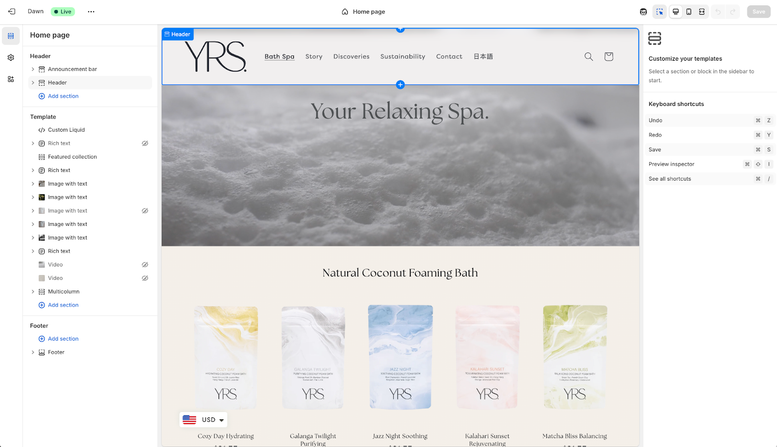 Shopify’s theme editor, which lets you tweak most parts of your store’s design