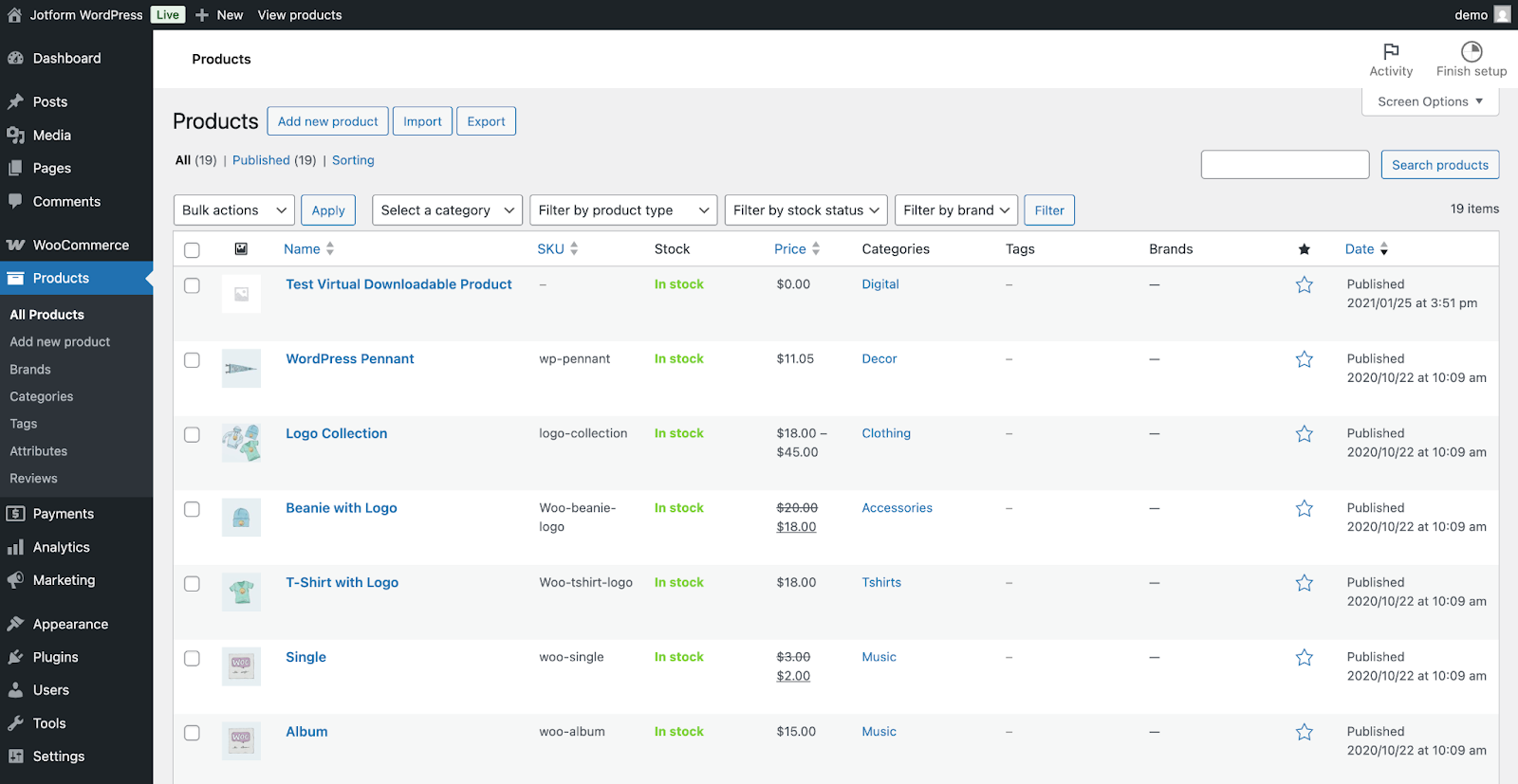 Product listings in WooCommerce