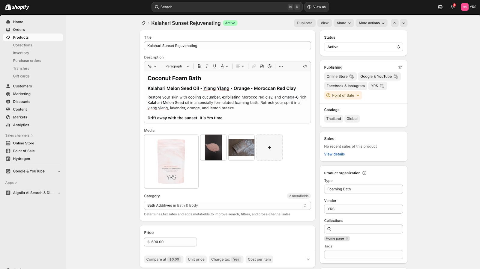 Shopify interface showing an example product listing and publishing options, including "Online Store," "Facebook & Instagram," and "Point of Sale"
