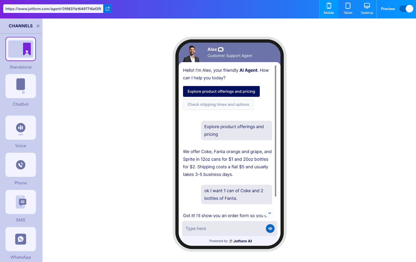 Example Jotform Customer Support Agent showing a user asking about product offerings and pricing, and placing an order