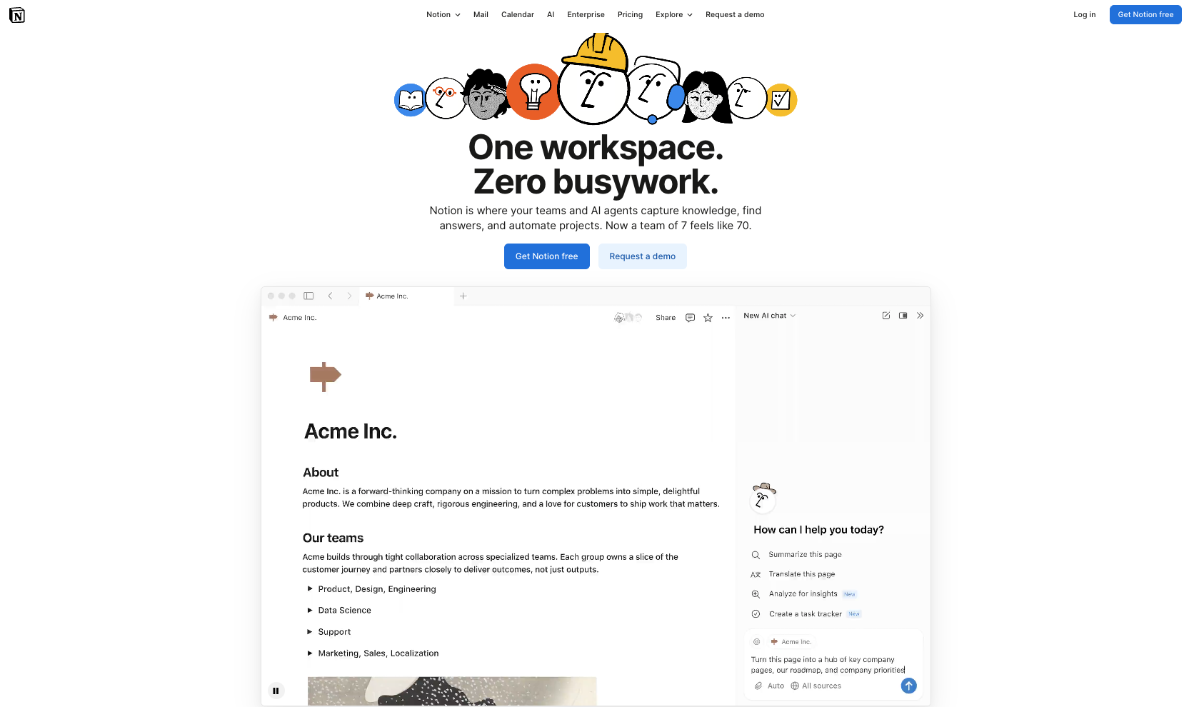 screenshot of notion website homepage with the words one workspace
