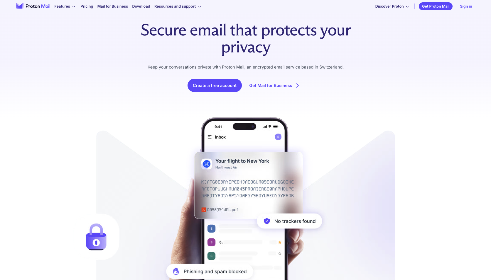 Screenshot of Proton Mail's landing page, showing a headline "Secure email that protects your privacy"