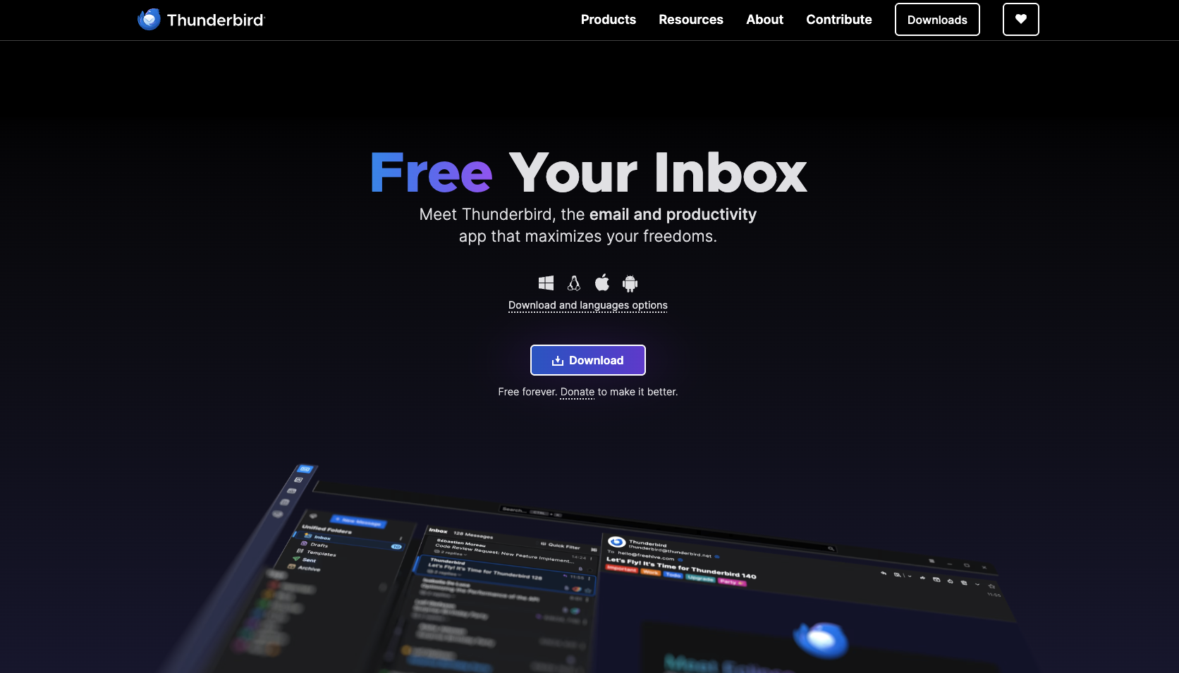 Screenshot of Thunderbird's landing page, showing a headline "Free Your Inbox"