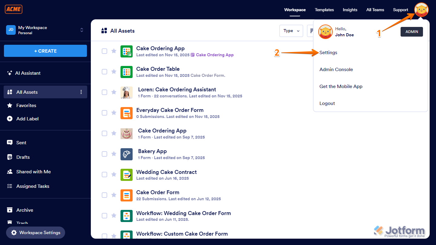 Settings option in the Avatar/Profile Picture menu on Workspace page