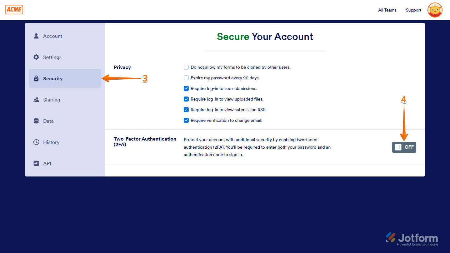 Two-Factor Authentication toggle switch in the Security tab of the Account Settings page