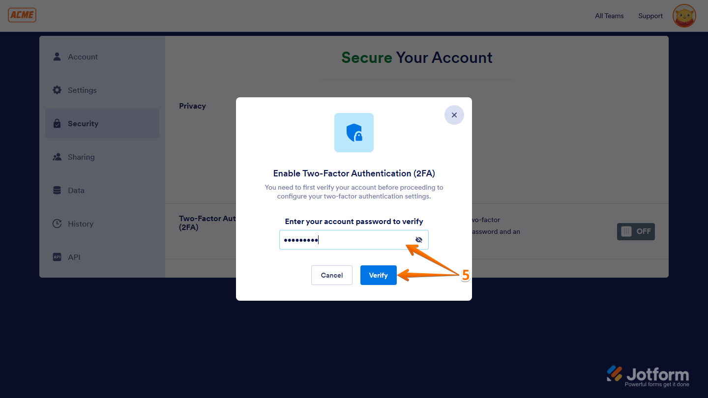 Password input field and Verify button in Enable Two-Factor Authentication window in the Security tab of the Account Settings page