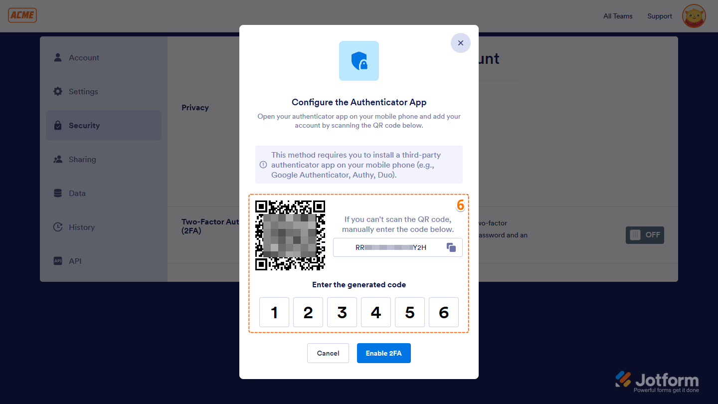 Scan QR code and enter generated code in the Configure the Authenticator App window in the Security tab of the Account Settings page