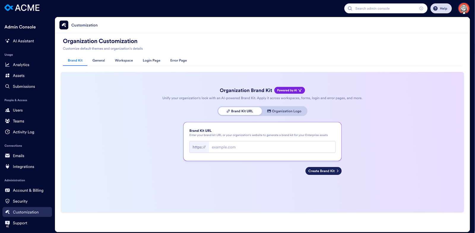 Viewing the Organization Customization page on the Admin Console