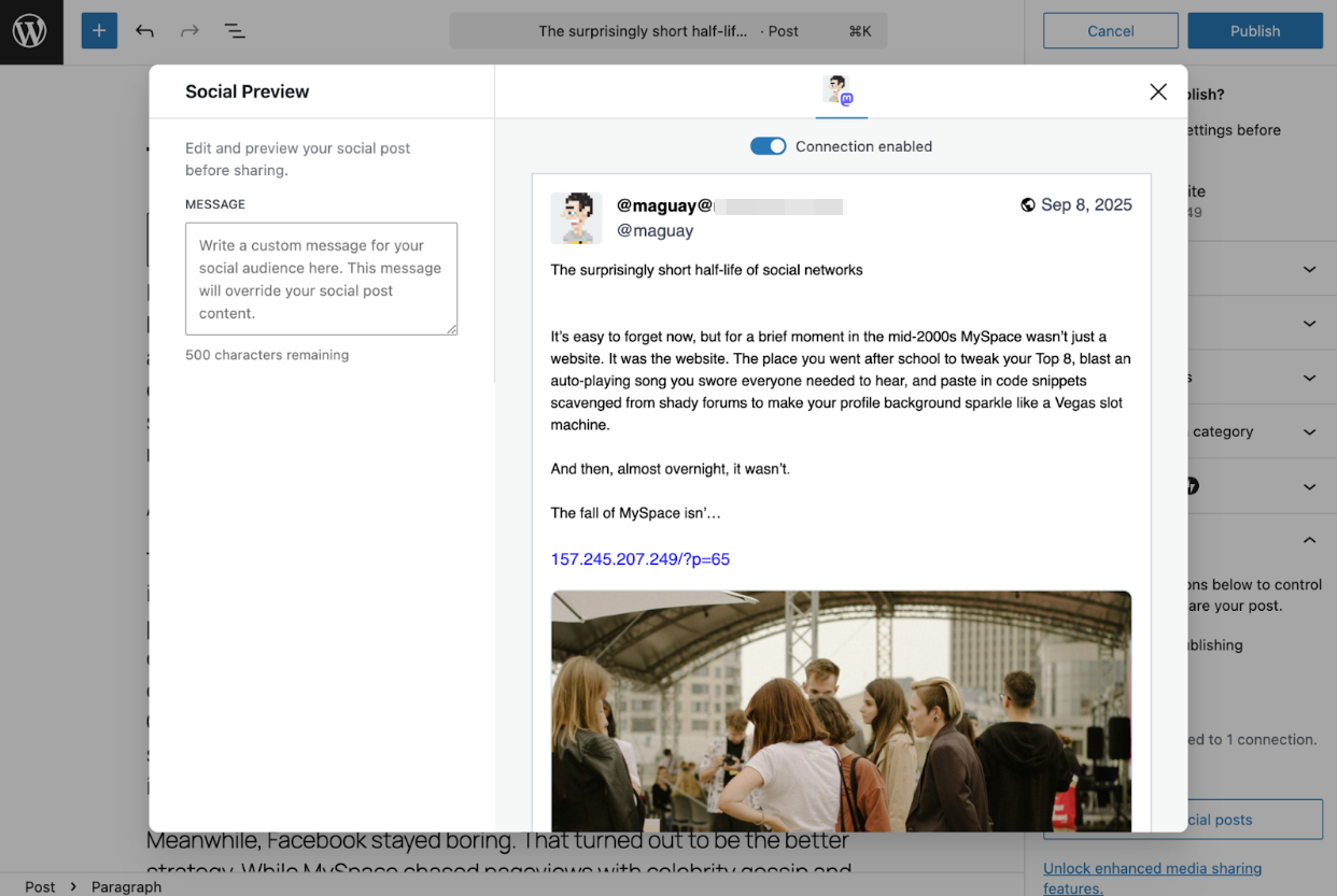 Screenshot of the Jetpack Social plug-in interface