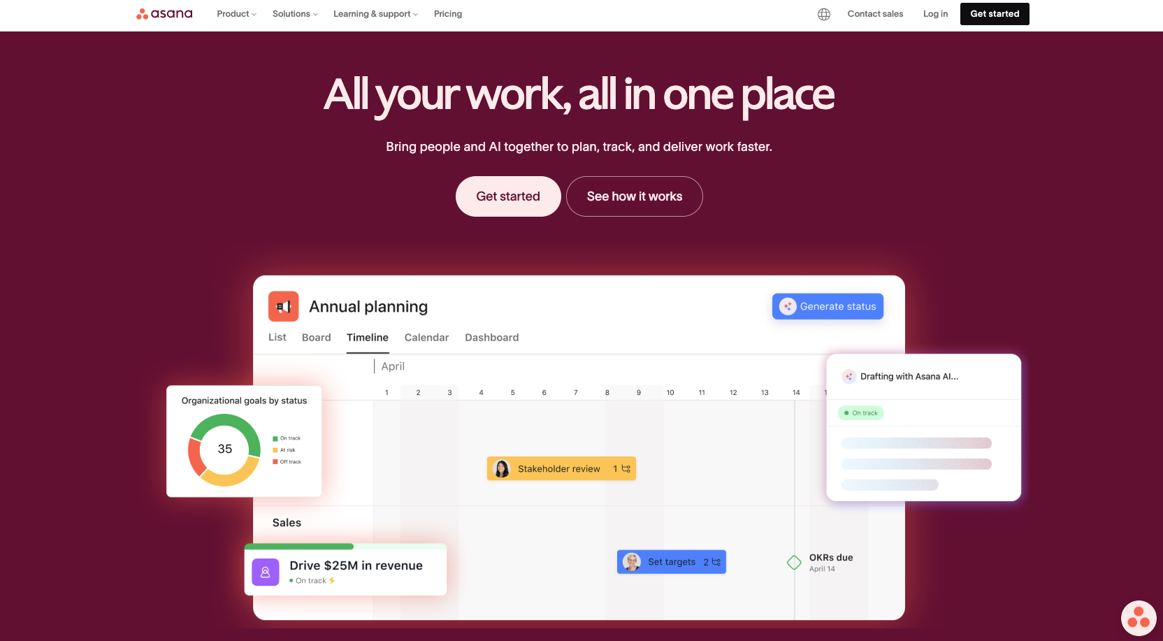 asana website homepage screenshot with the following words all your work, all in one place