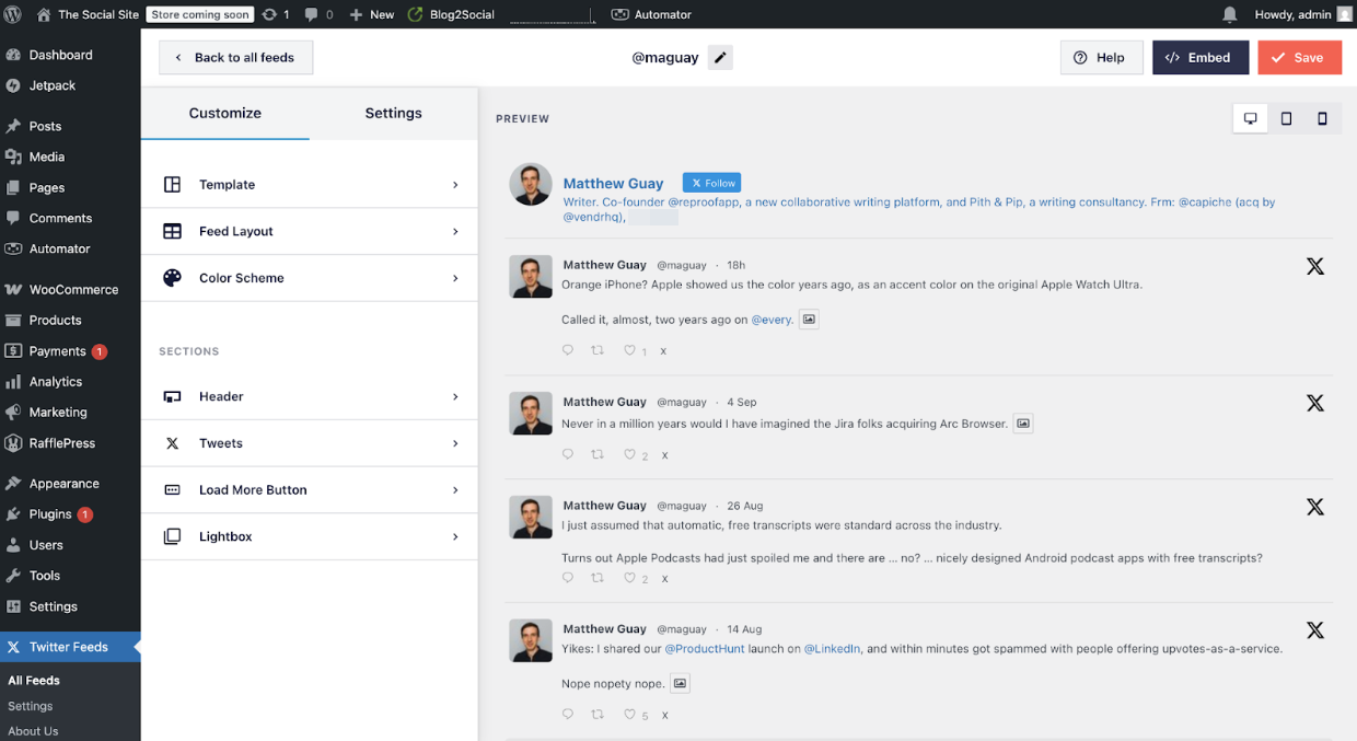 Screenshot of the Smash Balloon plug-in interface, showing a preview for adding an X (Twitter) feed to a WordPress site