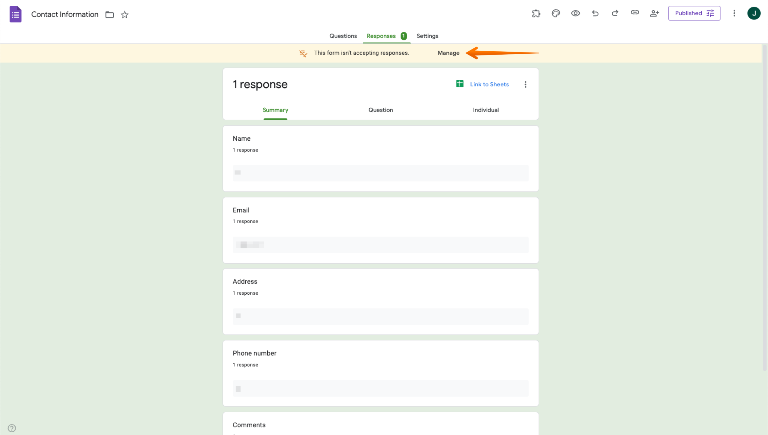 Google Forms This form isn't accepting responses Banner