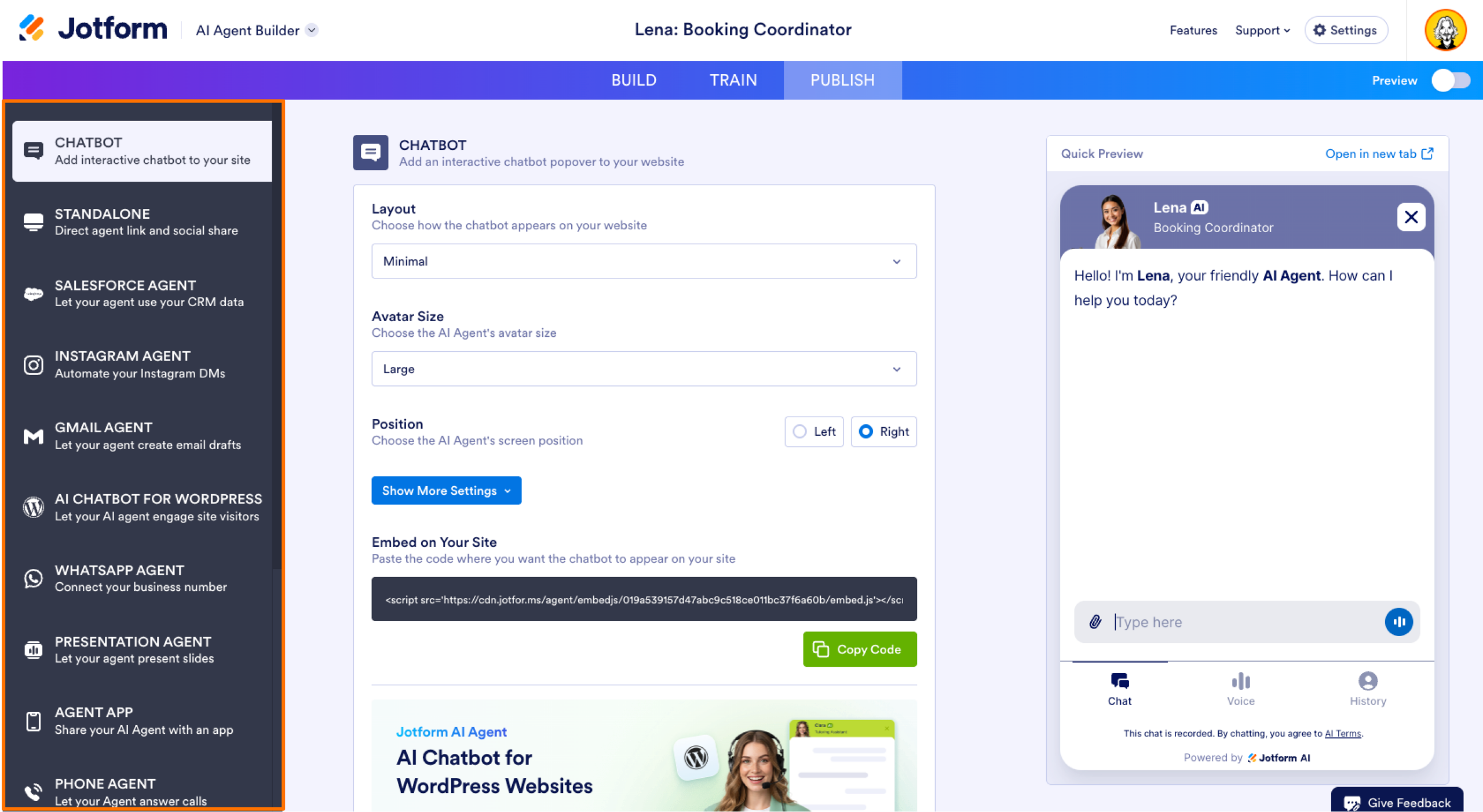 Jotform AI Agent Builder Publish Tab Chatbot Channel Option