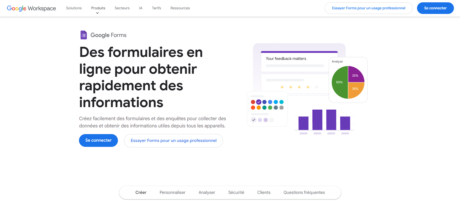 Capture d'écran de l'interface de Google Forms avec le slogan « Des formulaires en ligne pour obtenir rapidement des informations »
