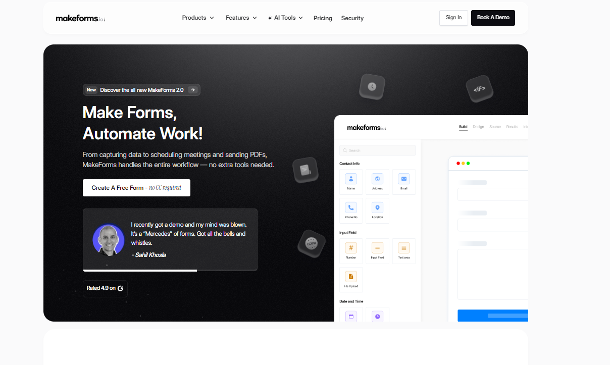 Capture d'écran de la page d'accueil du site web MakeForms
