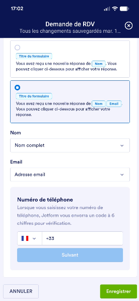 Capture d'écran de l'application Jotform sur un téléphone portable avec l'interface pour vérifier un numéro de téléphone dans le Générateur de formulaires Jotform