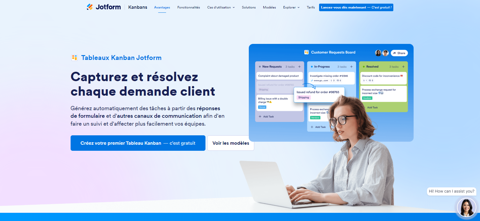 Capture d'écran de la page d'accueil du site web des Tableaux Kanban Jotform