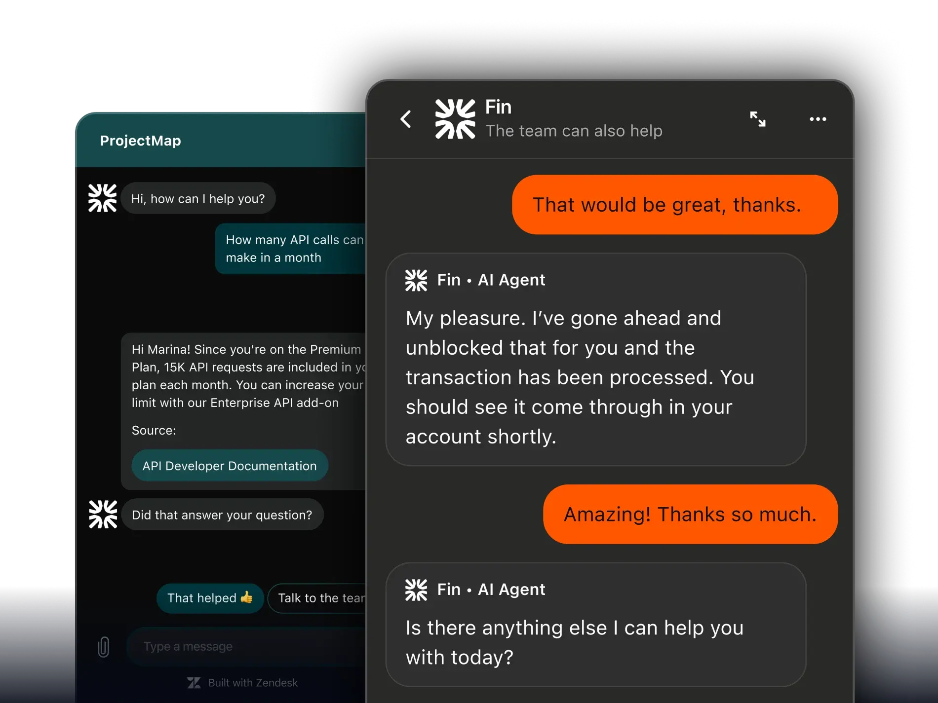 Intercom chat interface featuring an AI-powered support conversation, where an automated assistant responds to a customer message within a messaging-style support window