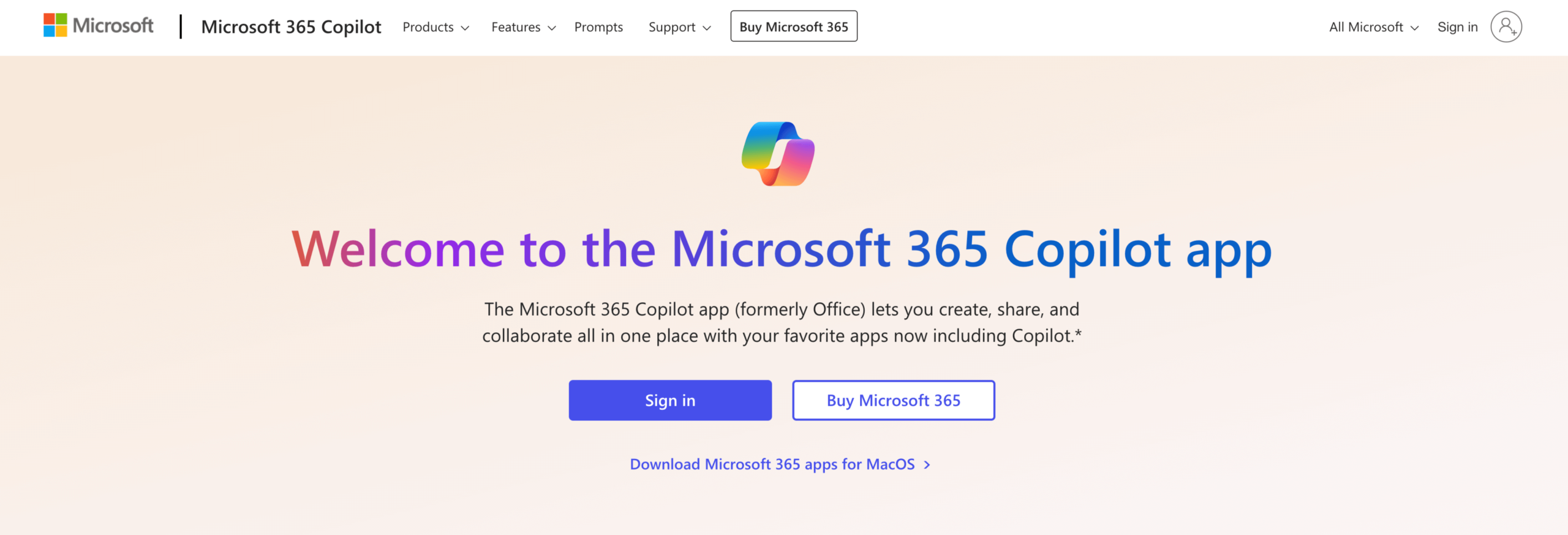 Screenshot of Microsoft 365 Copilot landing page