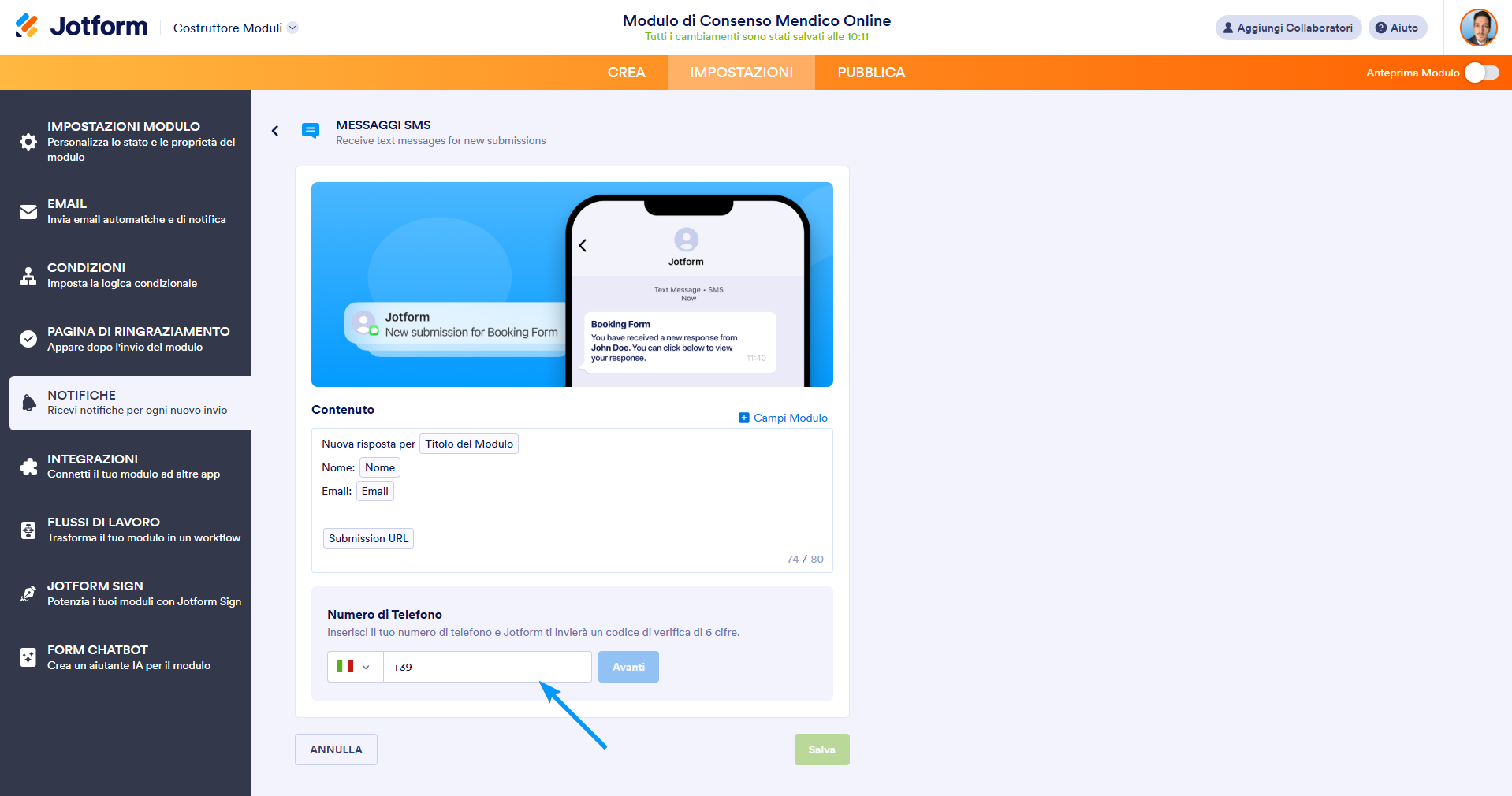Inserimento di un numero di telefono nella pagina Messaggio SMS nel Costruttore di Moduli di Jotform