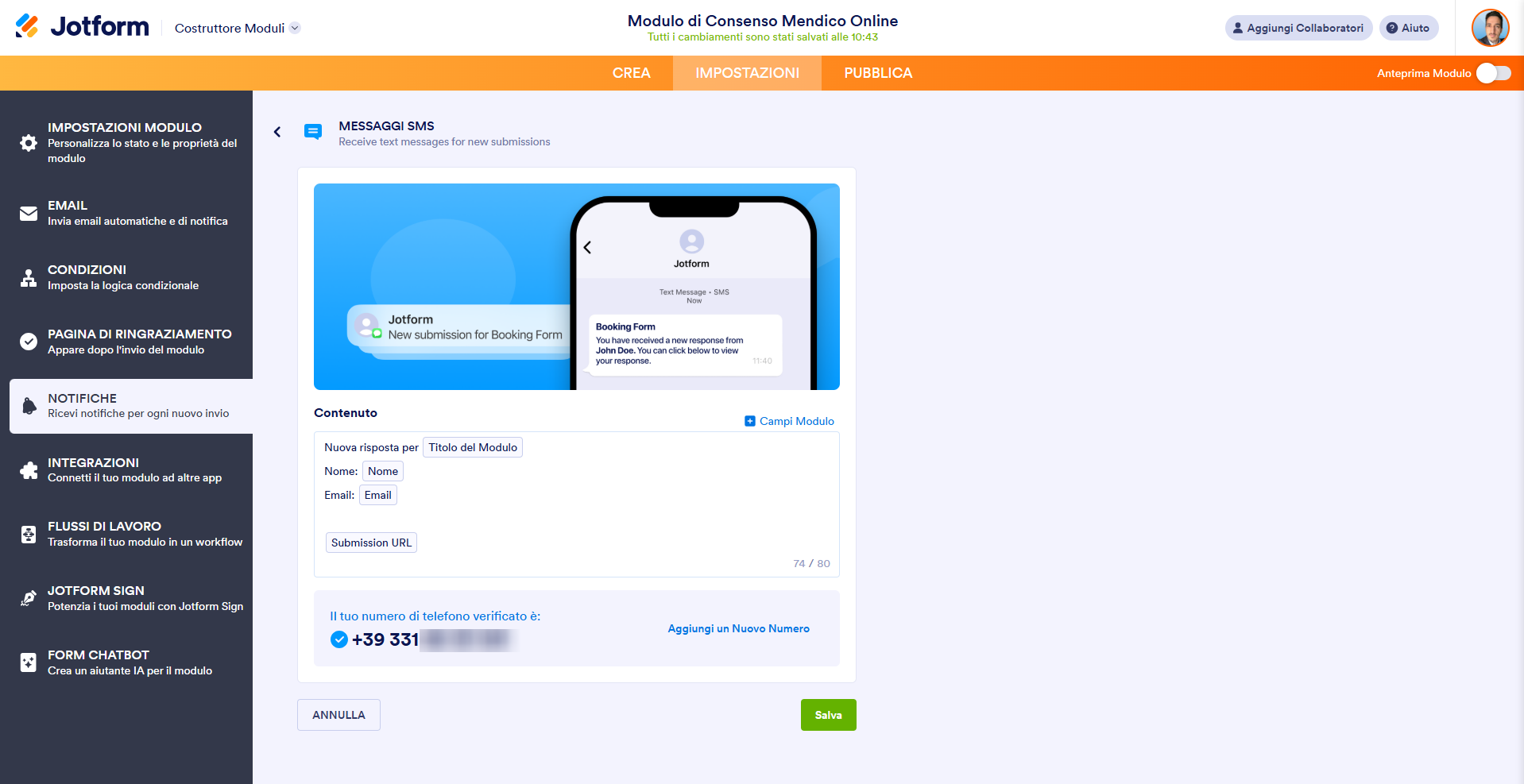 Visualizzazione del numero di telefono verificato nella pagina Messaggio SMS nel Costruttore di Moduli di Jotform
