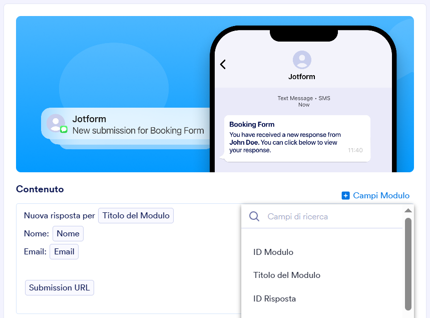 Scelta di quali campi del modulo includere nella notifica SMS dalla sezione Contenuto