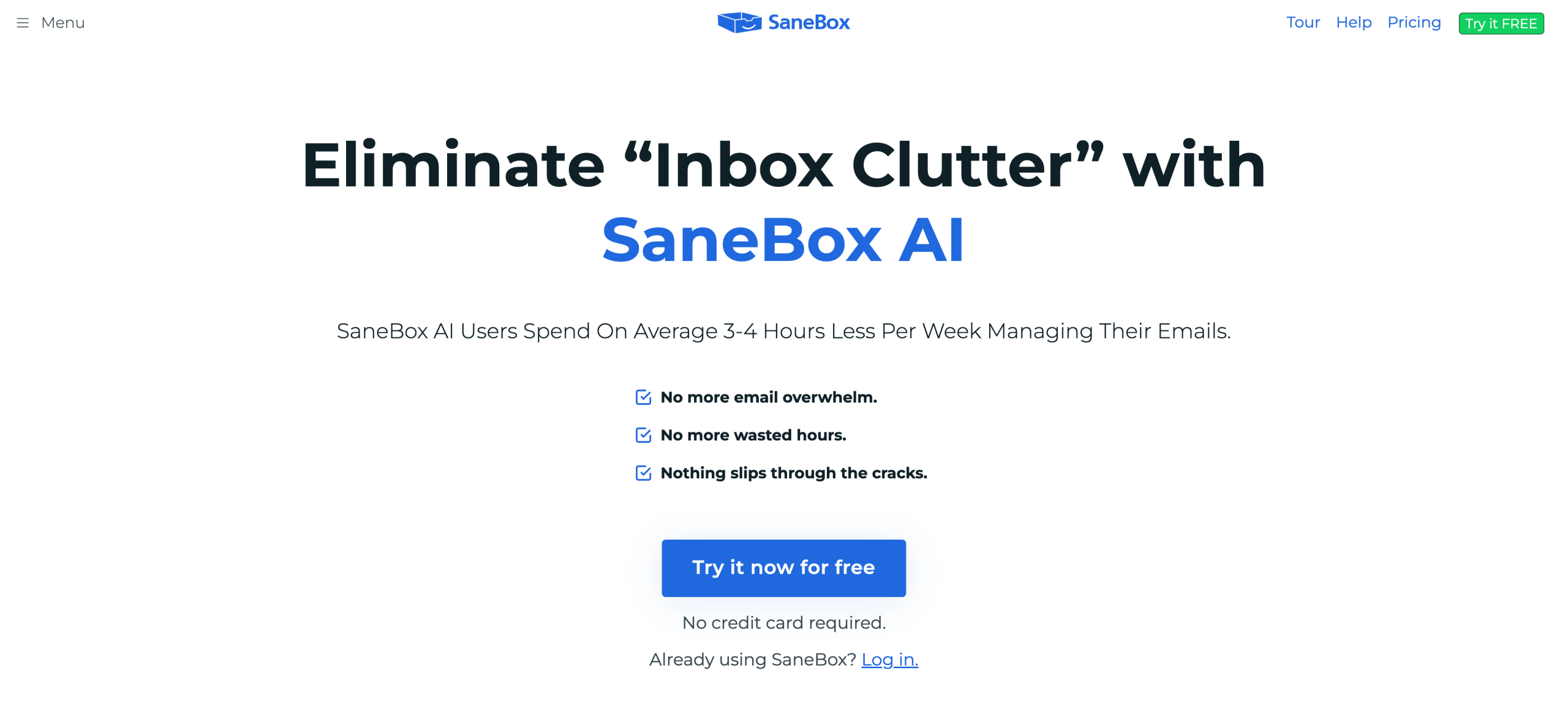 Screenshot of SaneBox landing page with a headline "Eliminate Inbox Clutter with SaneBox AI"