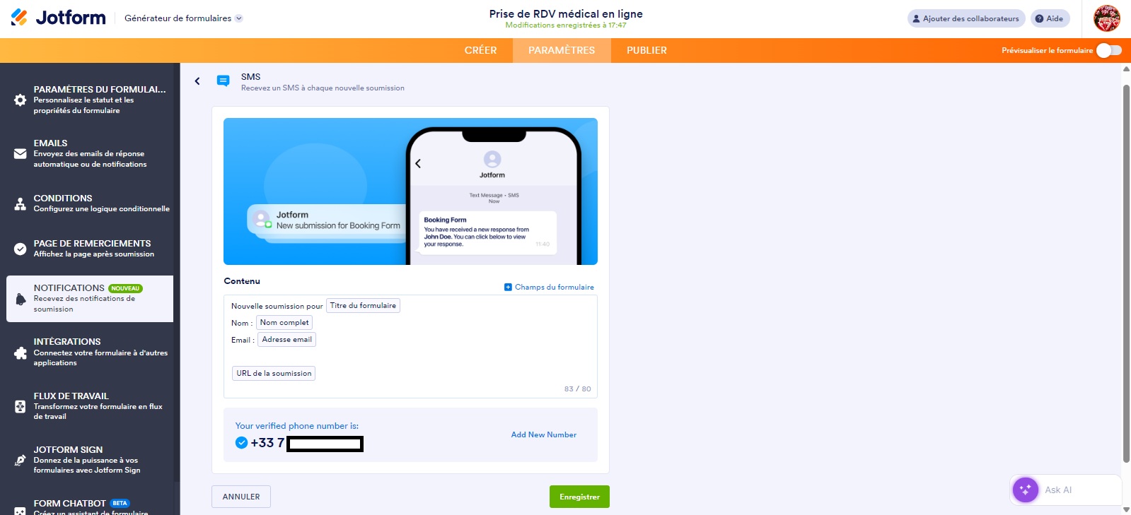 Capture d'écran de la page SMS dans le Générateur de formulaires Jotform avec un numéro de téléphone portable vérifié caviardé