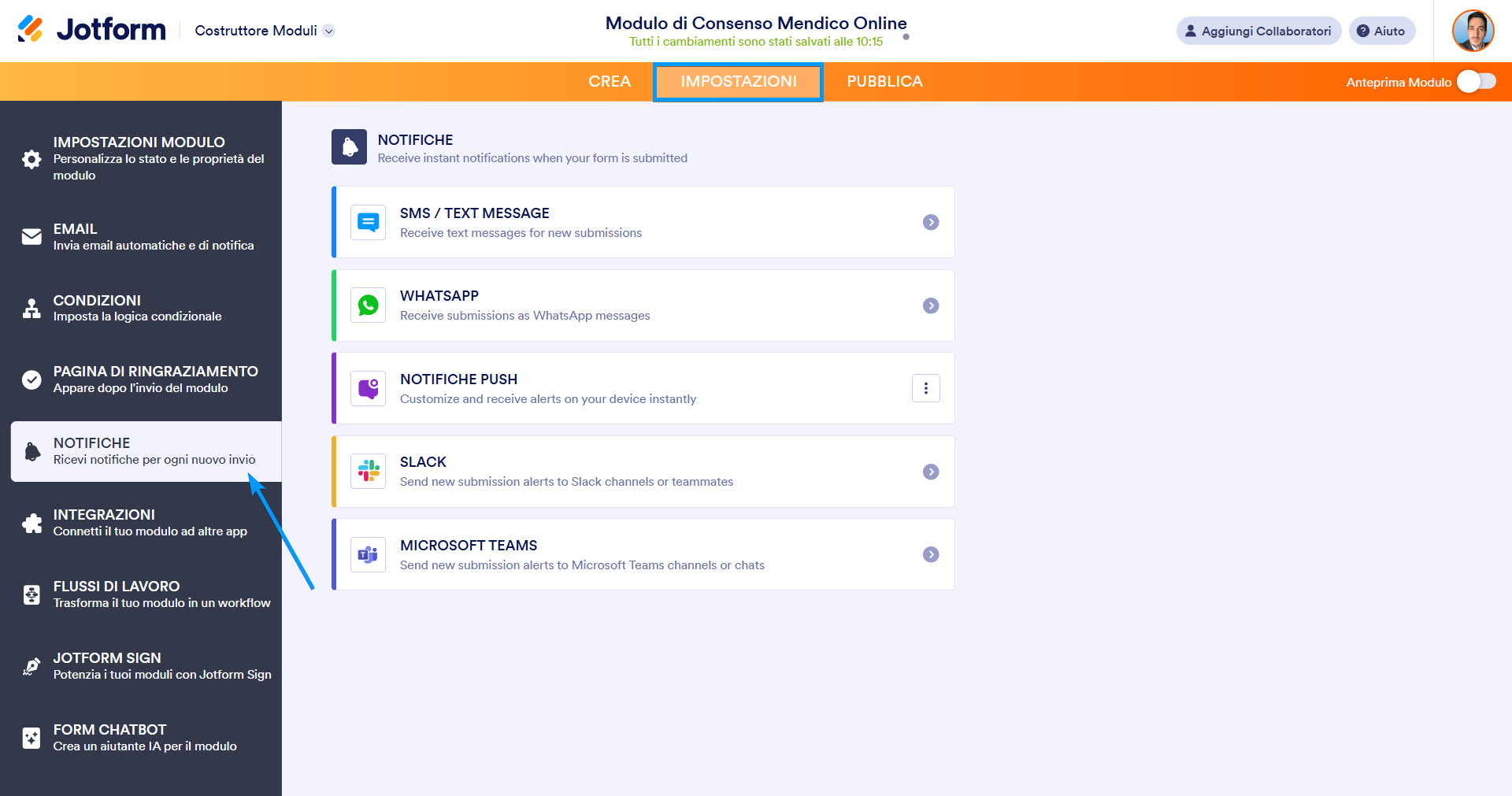 Screenshot della sezione Notifiche nelle Impostazioni del Costruttore di Moduli