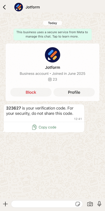 Recebendo o código de verificação como uma mensagem no WhatsApp