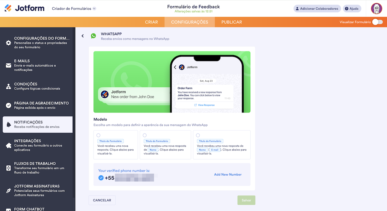 Visualizando o número de telefone verificado na página do WhatsApp no Criador de Formulários Jotform