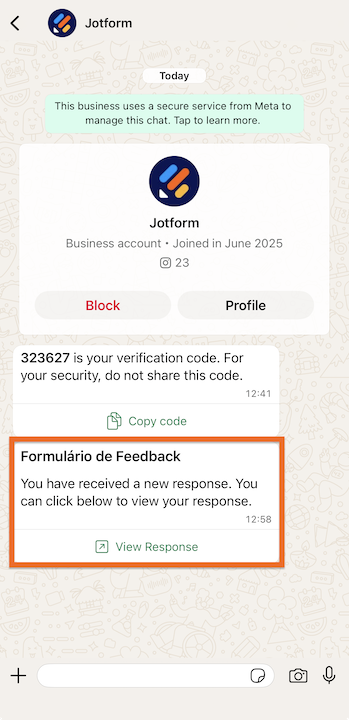 Visualizando o novo envio de formulário Jotform no WhatsApp