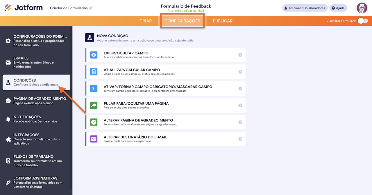 Clicando na aba Configurações e depois na opção Condições no Criador de Formulários Jotform