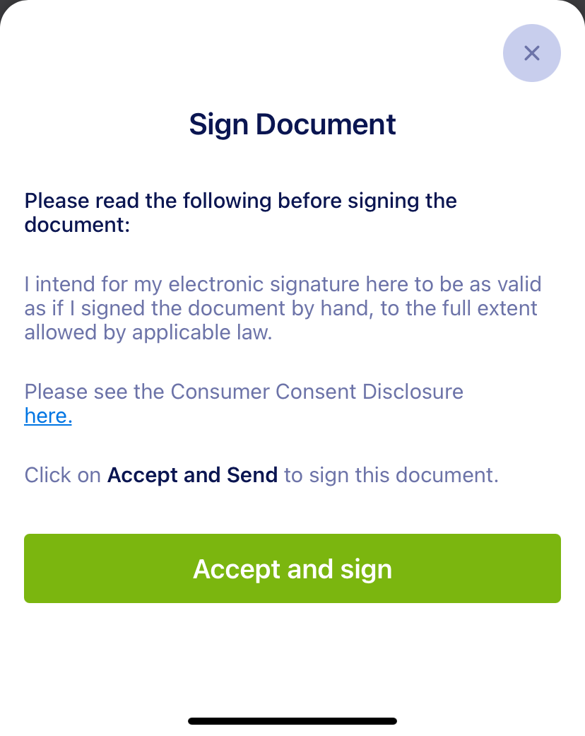 Jotform Sign Mobile Sign Document Warning Message and Accept and Sign Button