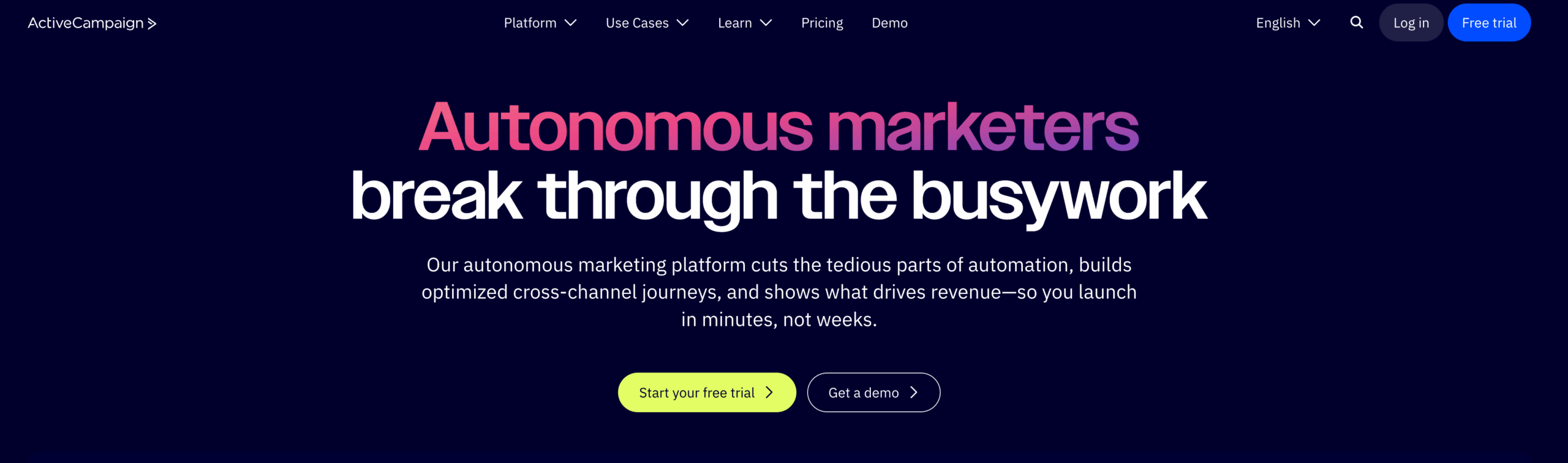 ActiveCampaign açılış sayfasının ekran görüntüsü