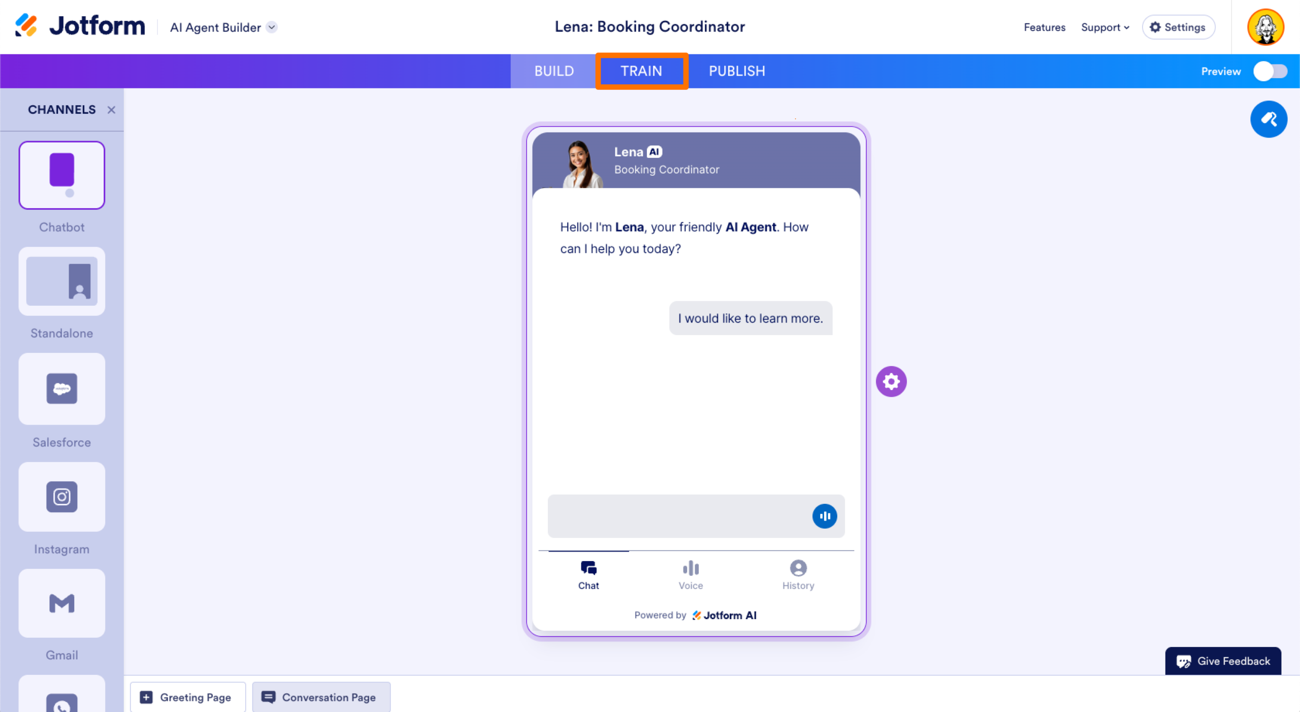 AI Agent Builder Train Tab