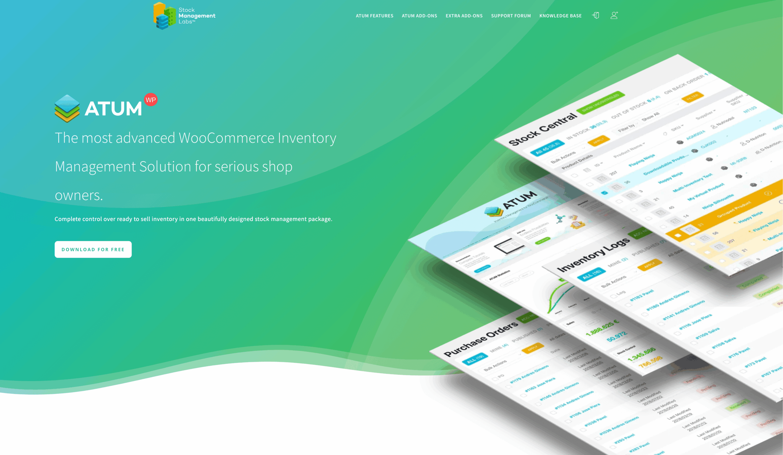Screenshot of ATUM Inventory Management for WordPress landing page