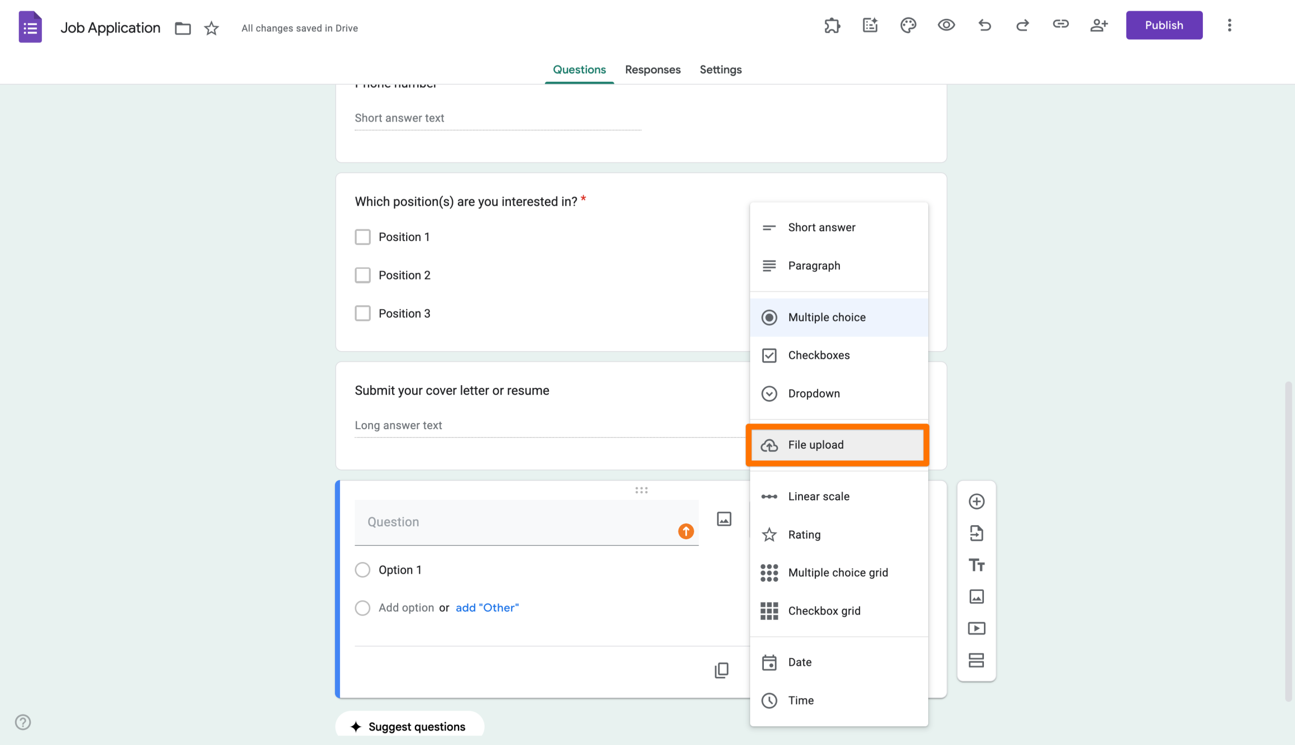 A Google Form interface with a question type dropdown menu open