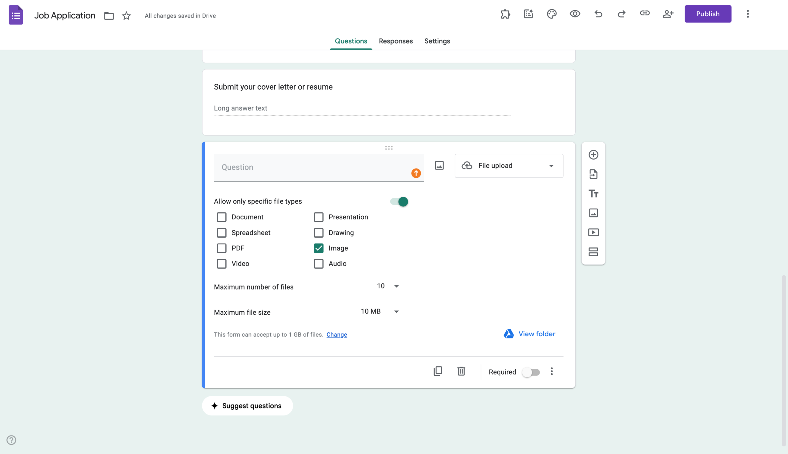 The configuration panel for a "File upload" question in Google Forms