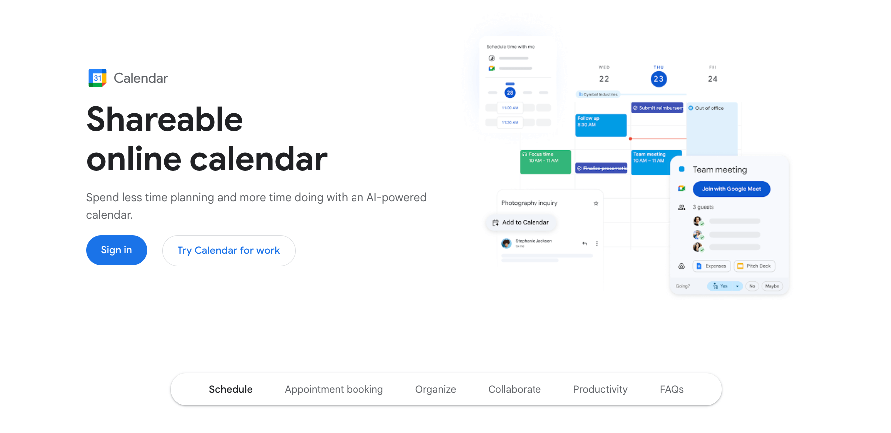 Screenshot of Google Calendar landing page
