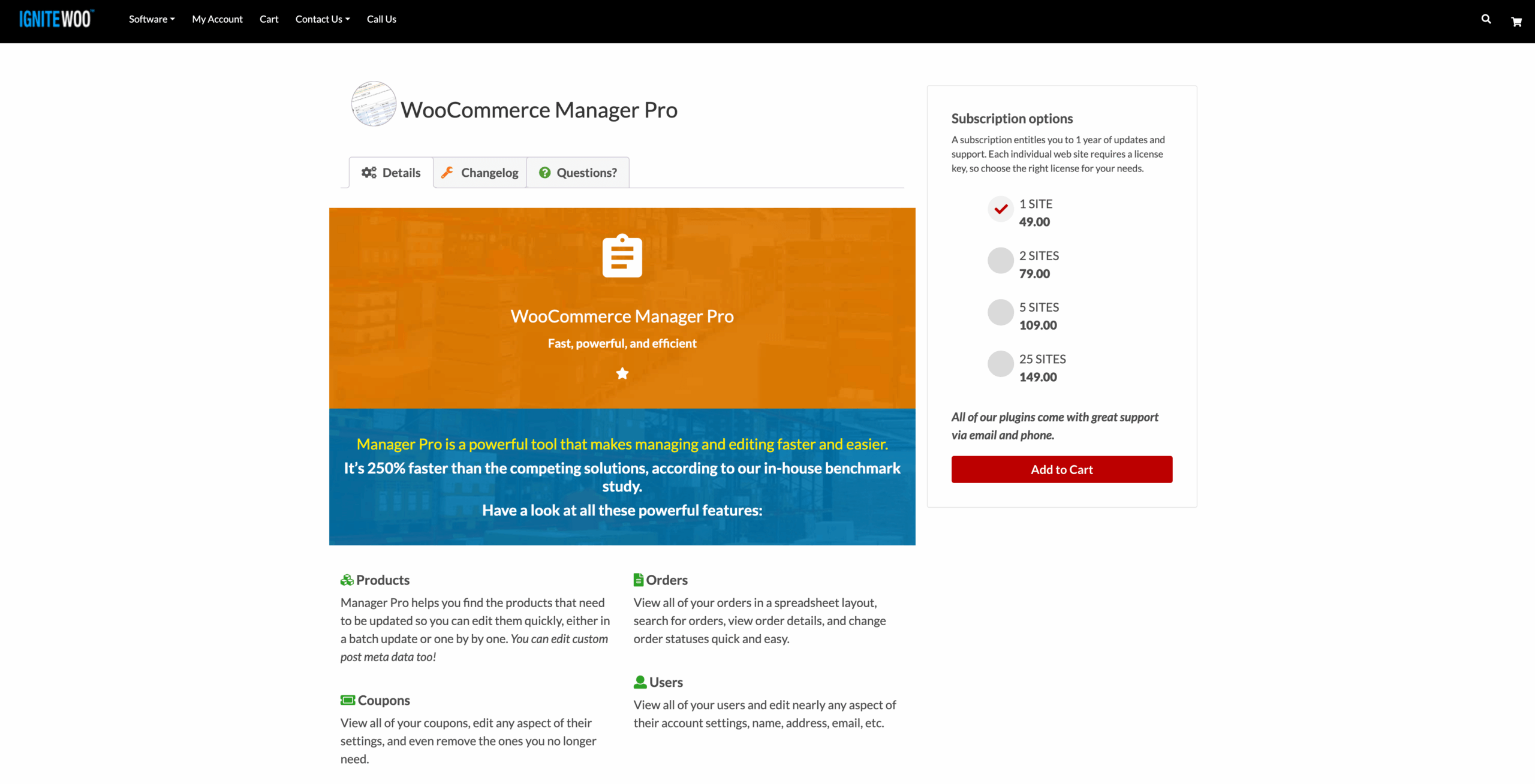 Screenshot of Ignitewoo -WooCommerce Manager Pro product details